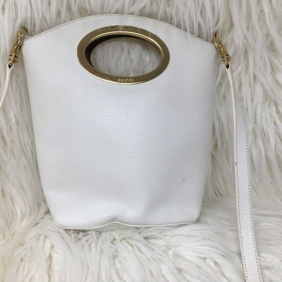 Gucci Metal Handle Embossed Leather Handbag Bucket White Vtg DISTRESSED Inside - Picture 2 of 13